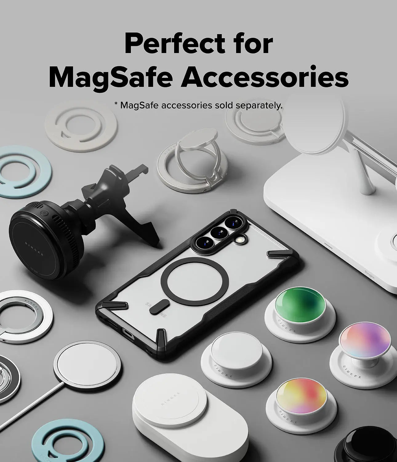 Phone case with MagSafe accessories on a gray surface