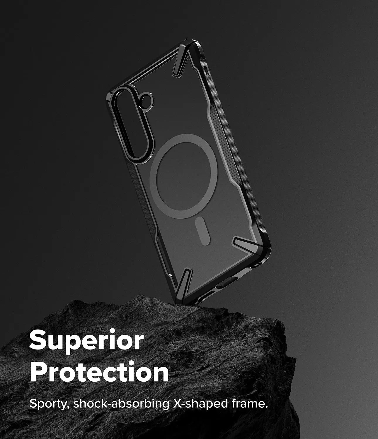 Phone case with X-shaped frame on a dark background, emphasizing superior protection.