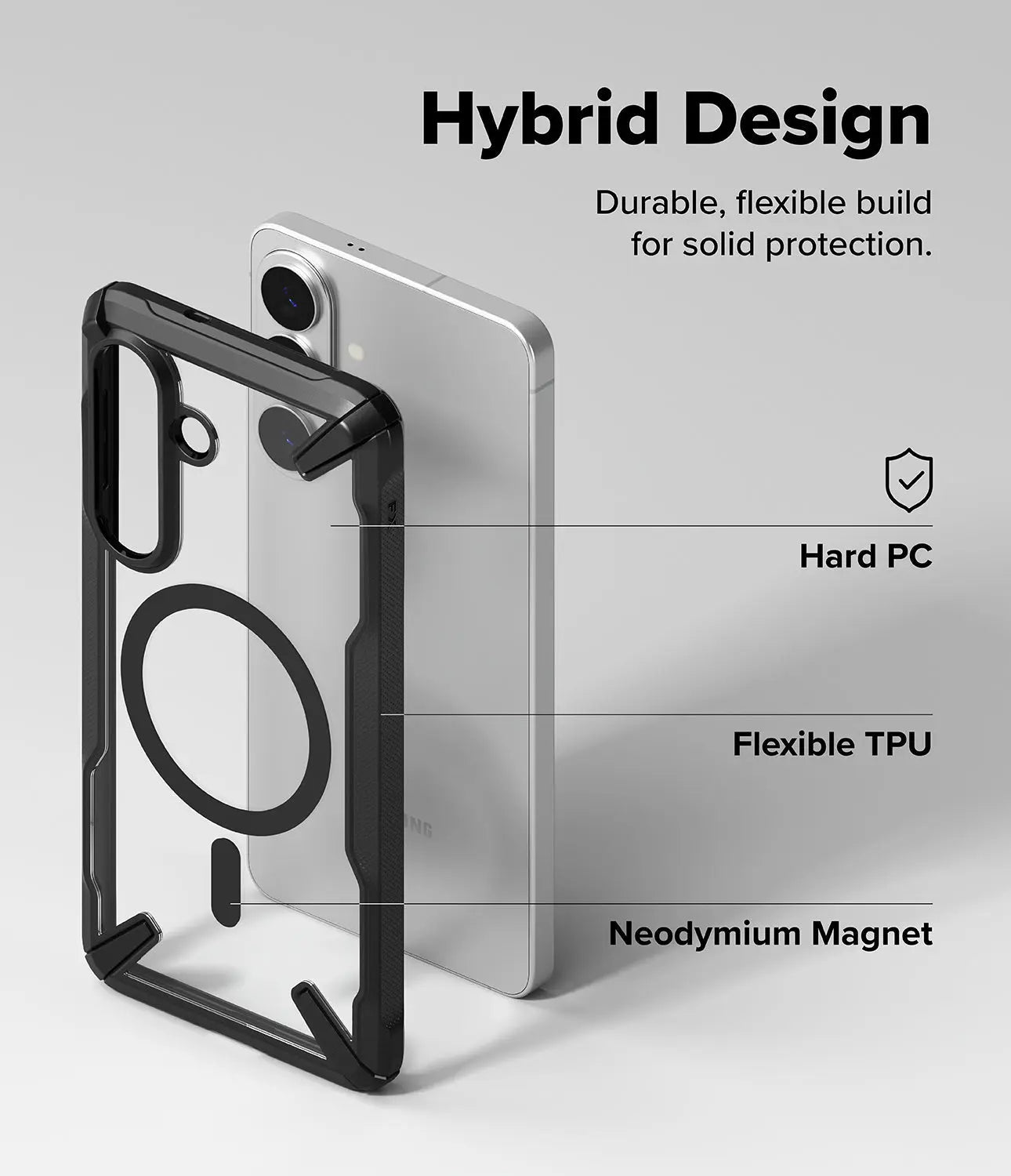 Hybrid phone case with hard PC and flexible TPU layers on a gray background