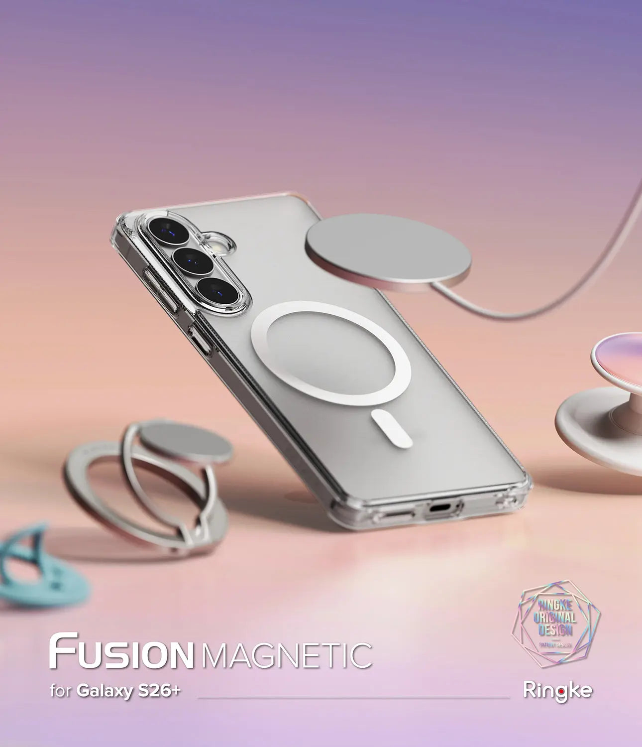 Phone case with magnetic ring and stand feature on a gradient background, branded as Ringke.