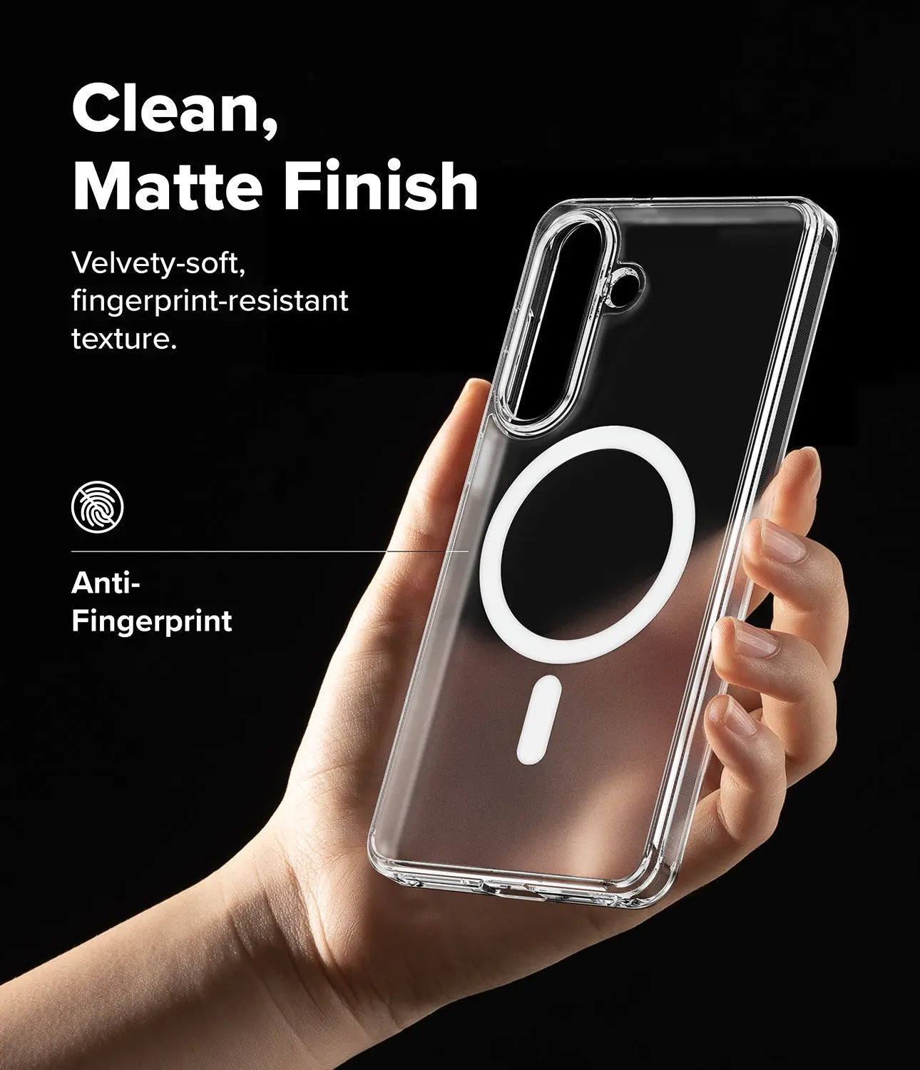 Clear phone case with magnetic ring on a hand, black background with text about finish and features.