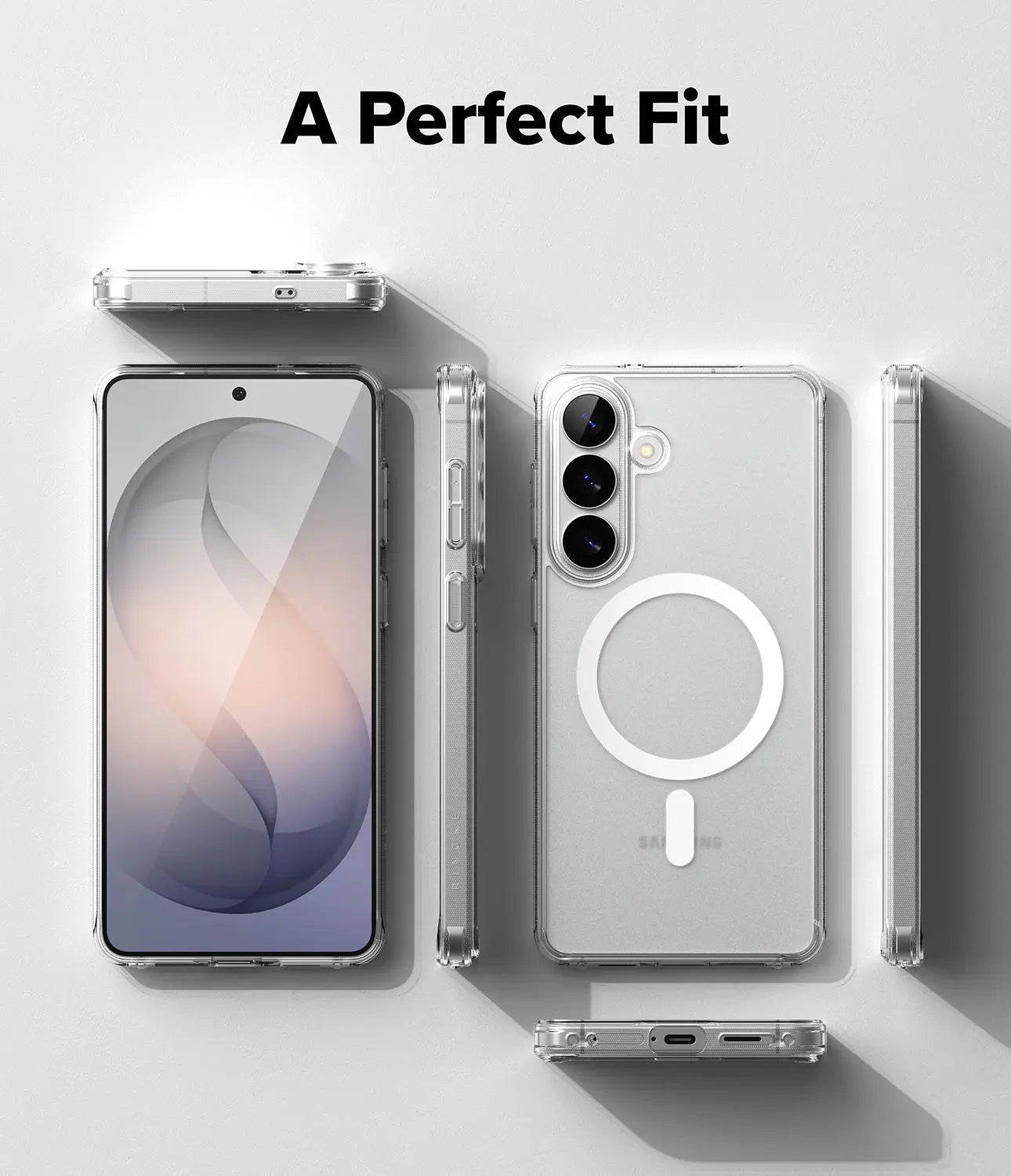 Smartphone with a clear case and magnetic ring on a light gray background