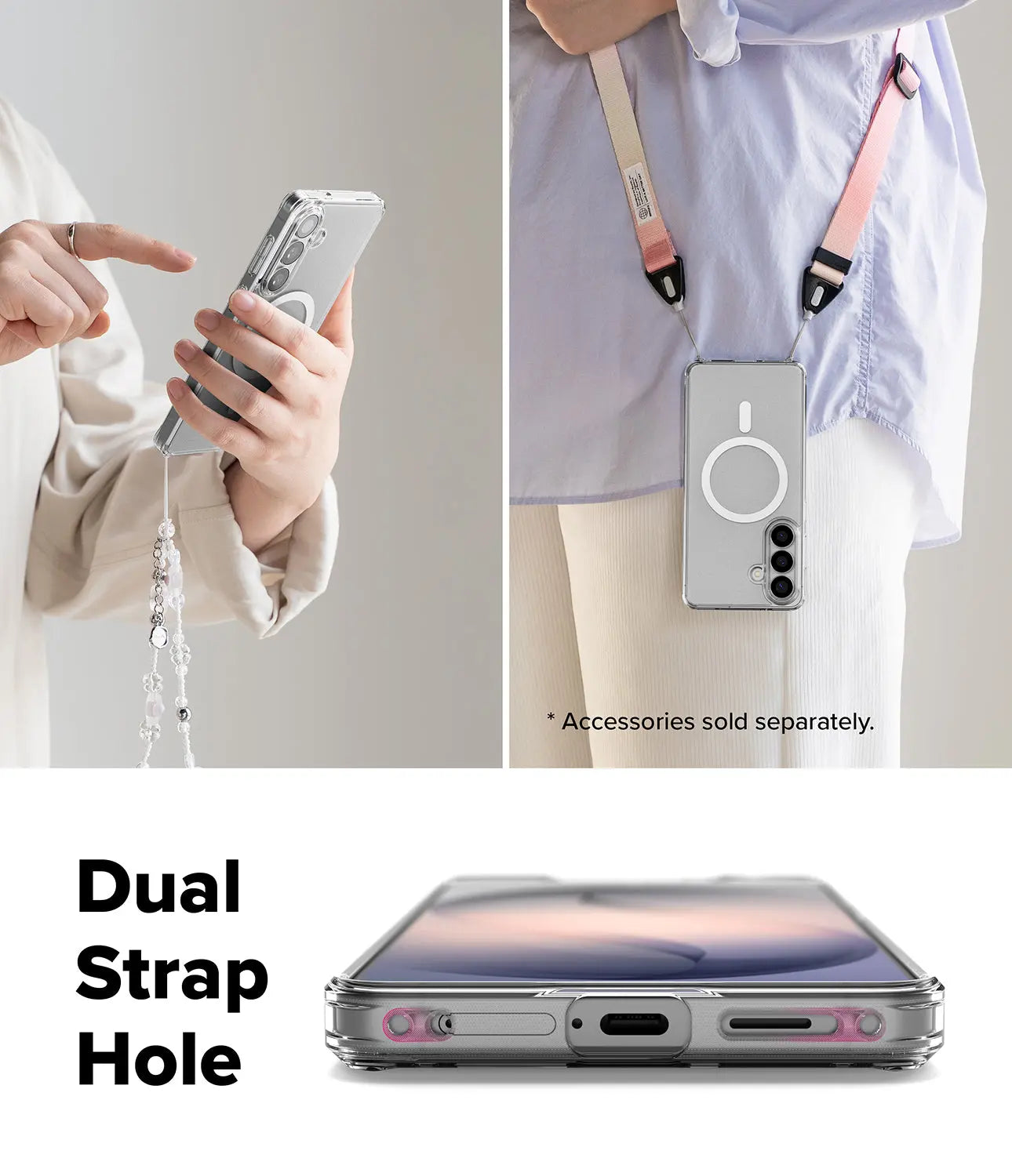 Phone case with dual strap holes and accessories on a neutral background