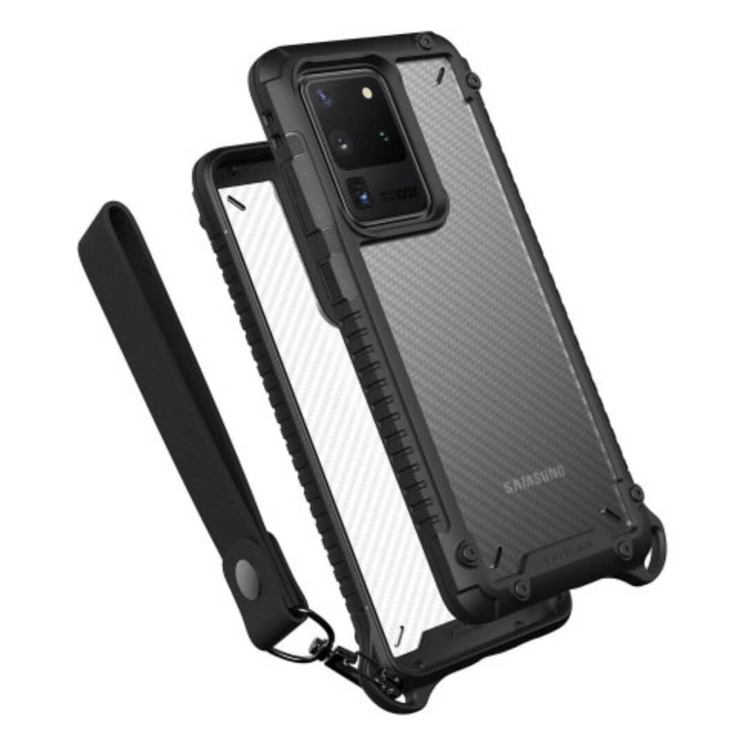 The case includes cut-outs for the ports and features of the Samsung Galaxy S20 Ultra, including the dock connector and camera, ensuring full accessibility and functionality.