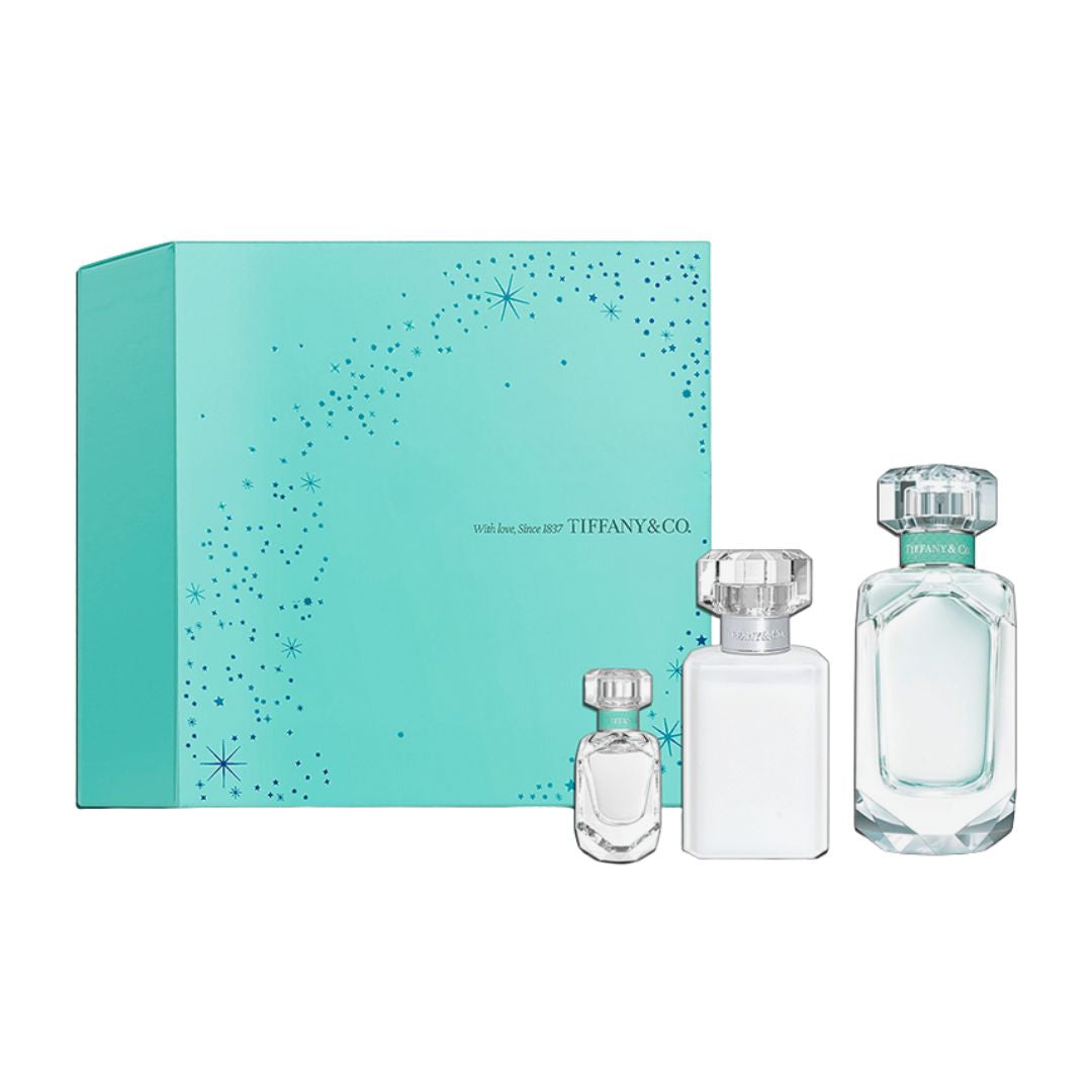 Tiffany &amp; Co Eau de Parfum 75ml Gift Set with three bottles and a box on a white background