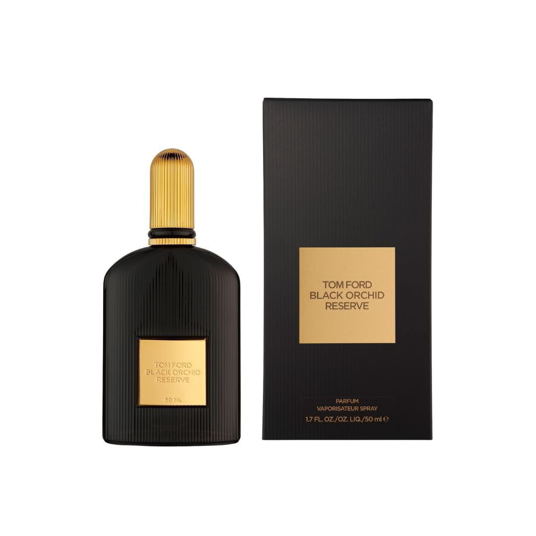 Tom Ford Black Orchid Reserve 50ml Parfum bottle in black with gold detailing, shown next to its black packaging box with a gold label.