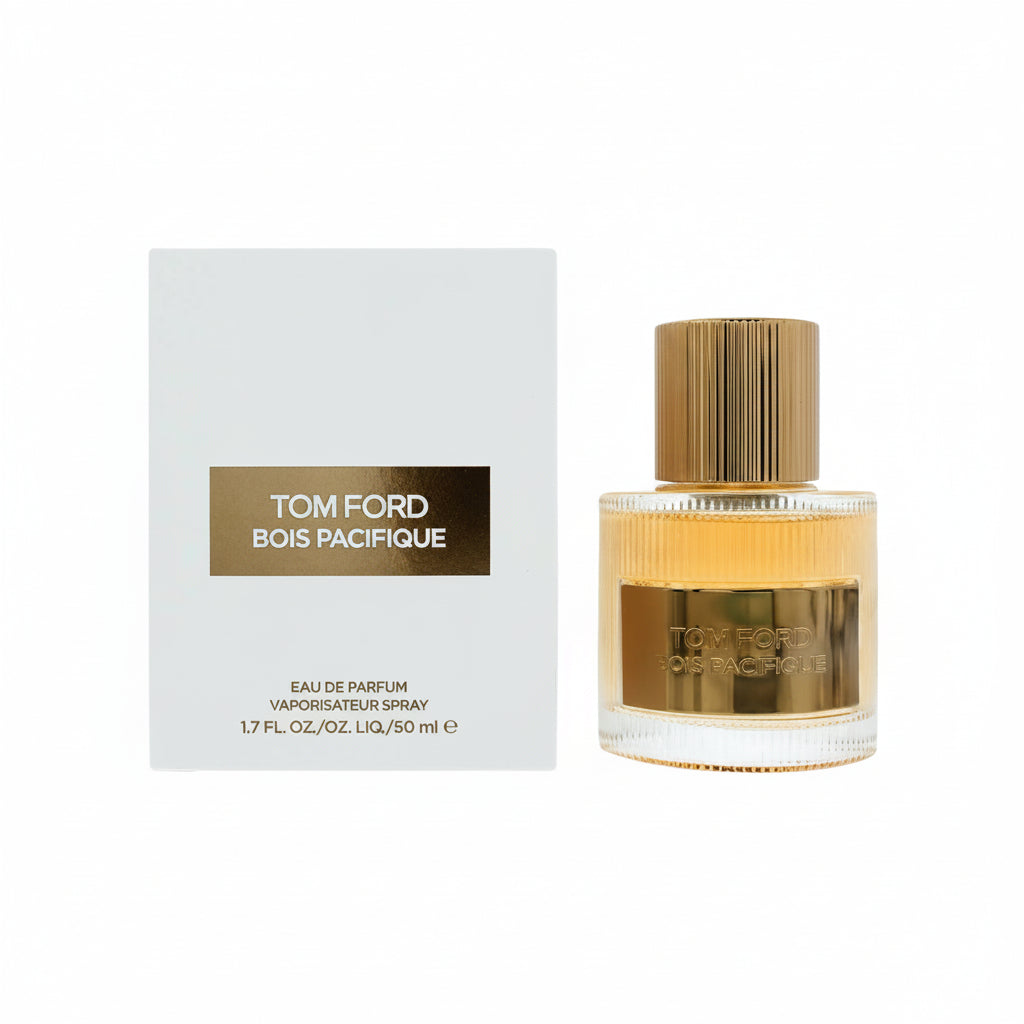 Tom Ford Bois Pacifique Eau de Parfum 50ml shown with its white packaging box and the clear glass bottle containing amber-colored liquid, both featuring gold accents.