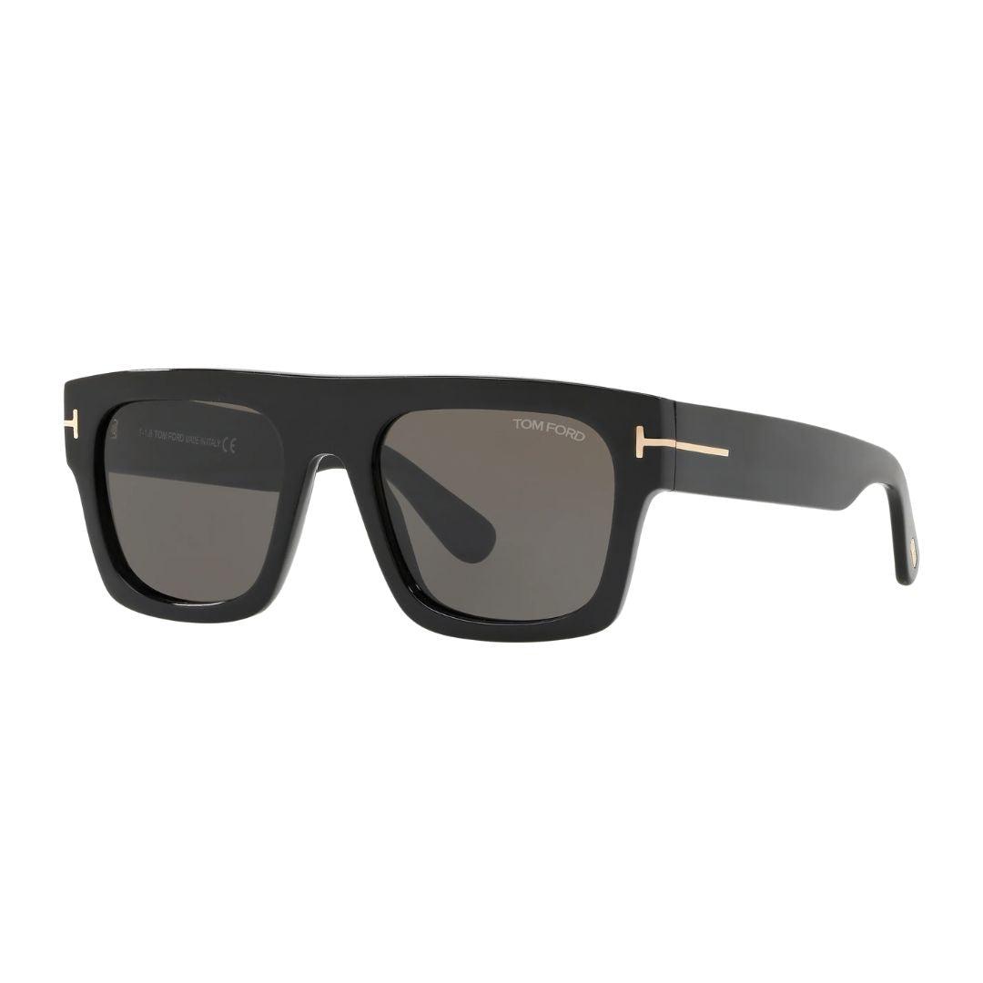 Tom Ford FT0711 sunglasses for men featuring a shiny black acetate rectangle frame. The smoke grey solid lenses are complemented by the signature gold 'T' logo at the temples.