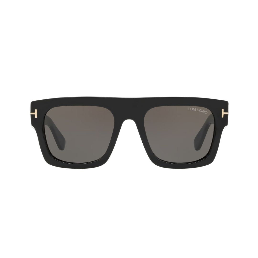 Black Tom ford sunglasses with gold accents on a white background