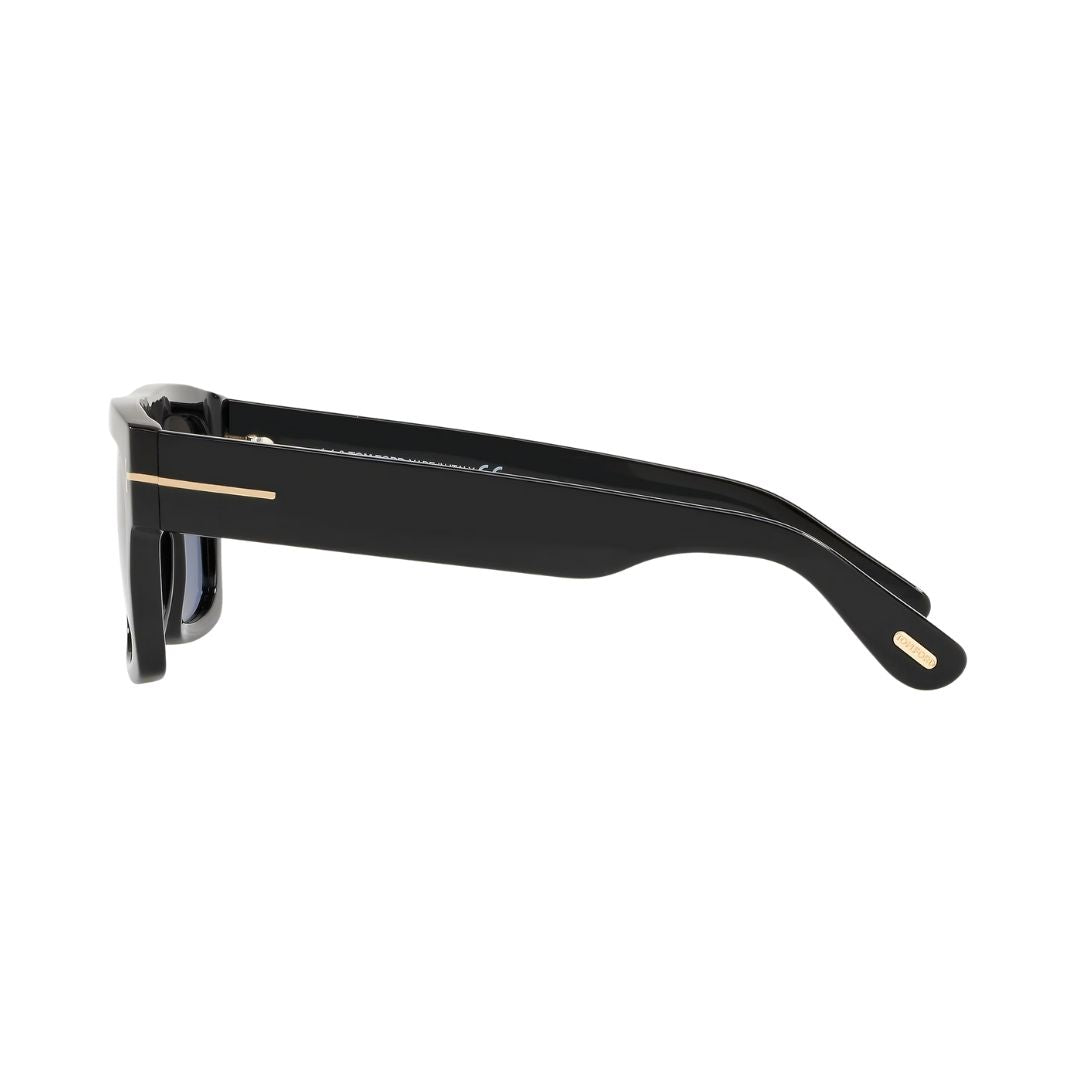 Side look Black Tom ford sunglasses with gold accents on a white background