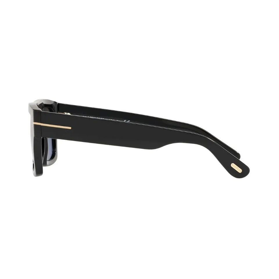 Side look Black Tom ford sunglasses with gold accents on a white background