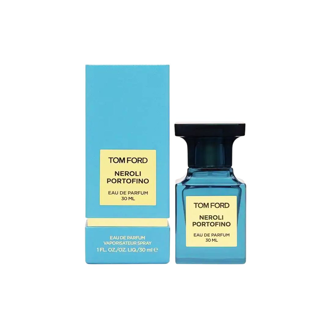 Tom Ford Neroli Portofino Eau de Parfum 30ml bottle next to its light blue packaging box with a yellow label.