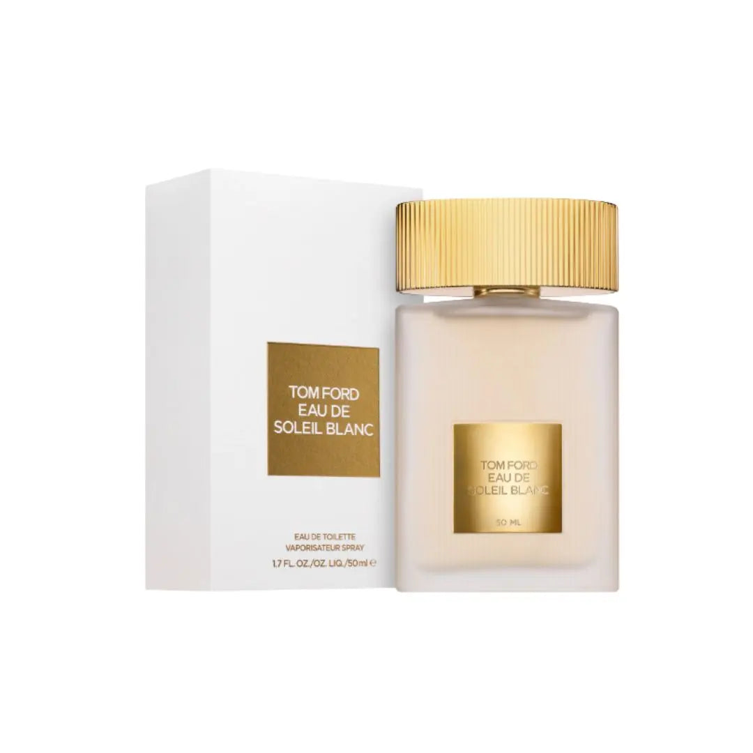Tom Ford Eau de Soleil Blanc Eau de Toilette spray bottle with a gold cap next to its white box with a gold label, on a white background.