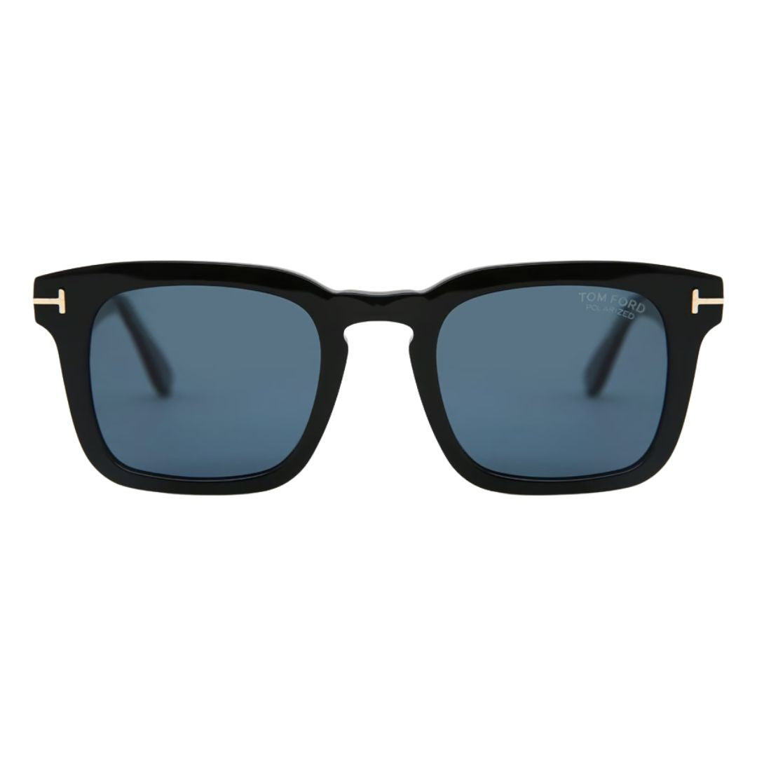 Front view of Tom Ford FT0751 01V Dax featuring a square shiny black acetate frame with blue lenses - Gadgets Online NZ