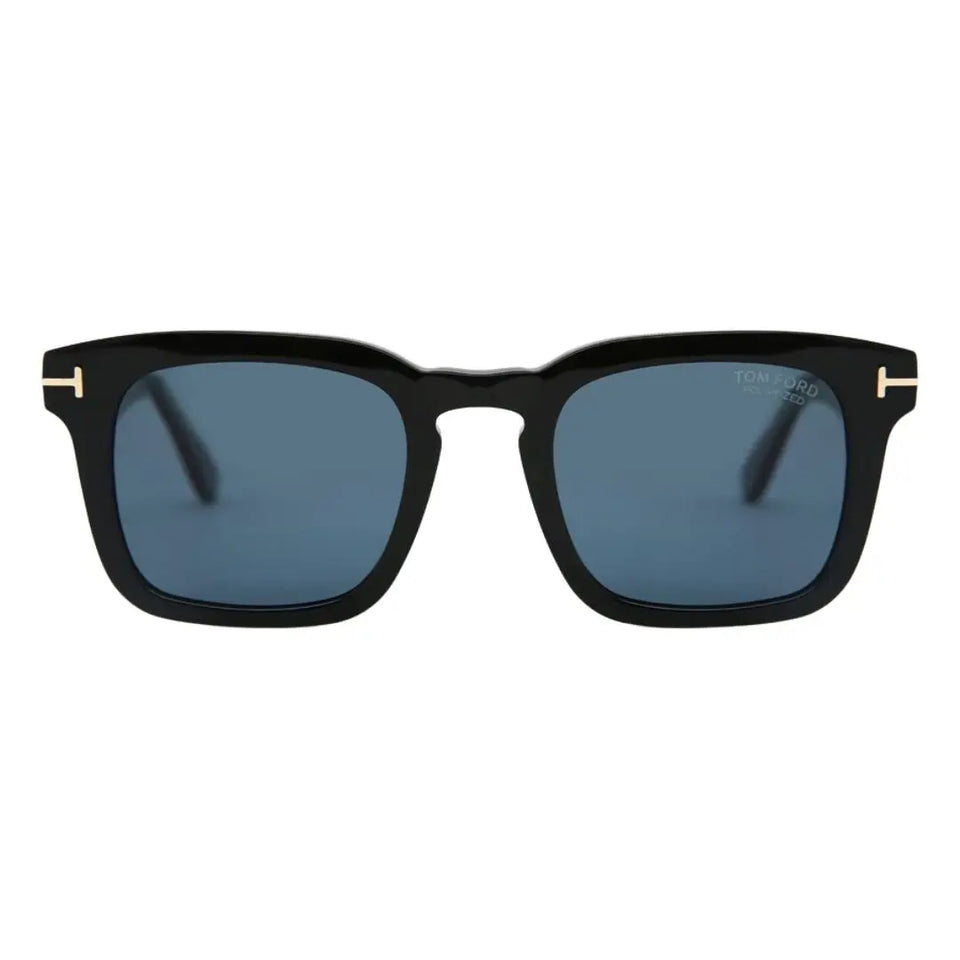 Front view of Tom Ford FT0751 01V Dax featuring a square shiny black acetate frame with blue lenses - Gadgets Online NZ