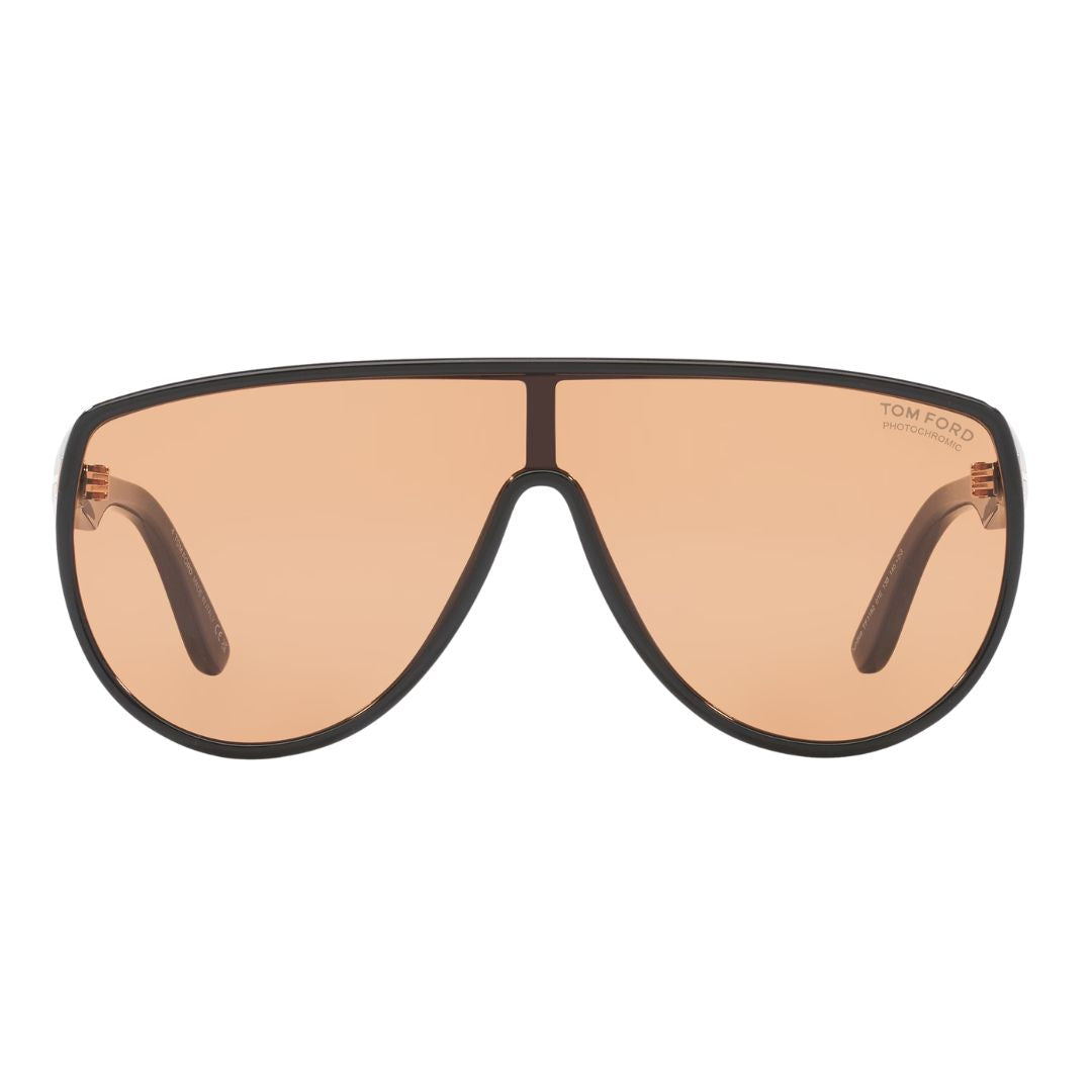Front view of Tom Ford Achilles FT1182 01E featuring a bold black oversized mask frame with brown lenses - Gadgets Online NZ