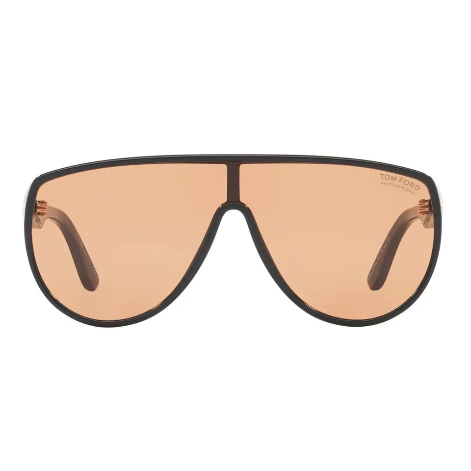 Front view of Tom Ford Achilles FT1182 01E featuring a bold black oversized mask frame with brown lenses - Gadgets Online NZ