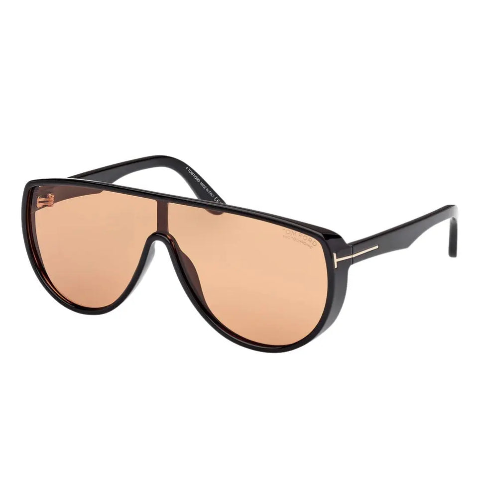 Tom Ford FT1182 01E Achilles shield sunglasses in shiny black with brown photochromic lenses and T-logo - Gadgets Online NZ