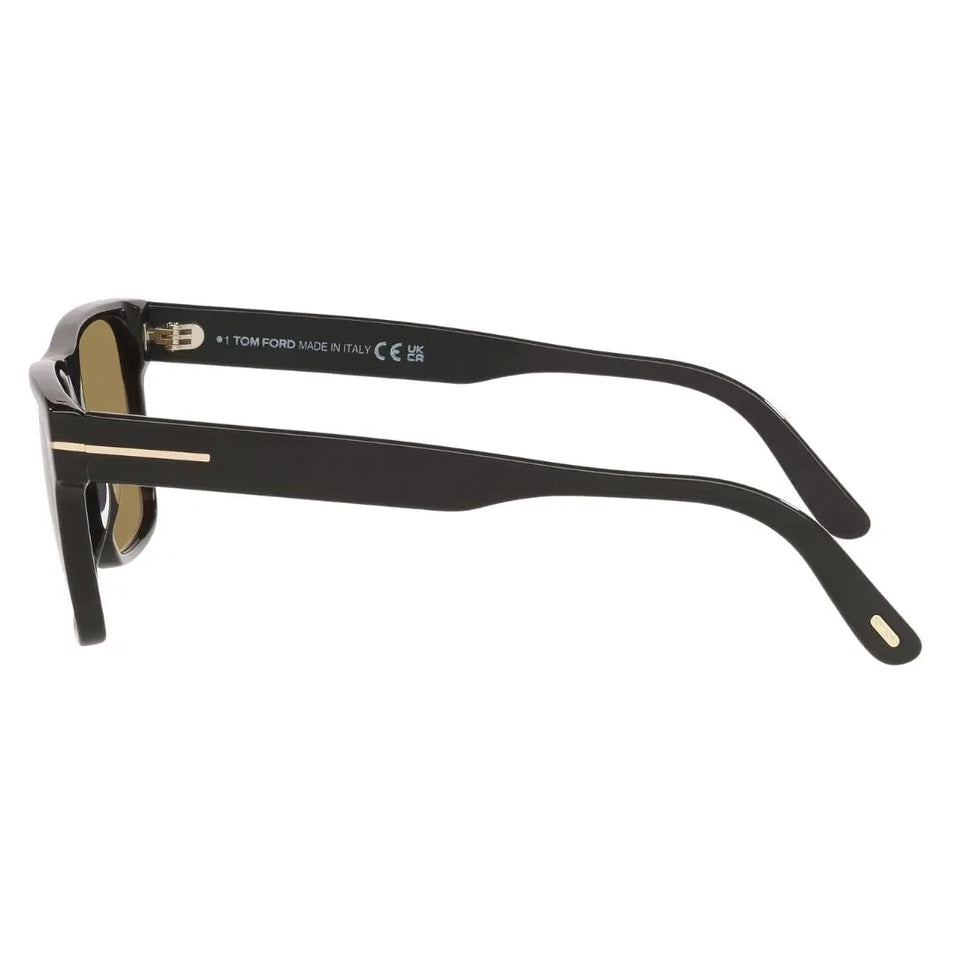 Side view of Tom Ford FT1205 Calder sunglasses showing shiny black temples with iconic gold metal T logo - Gadgets Online NZ