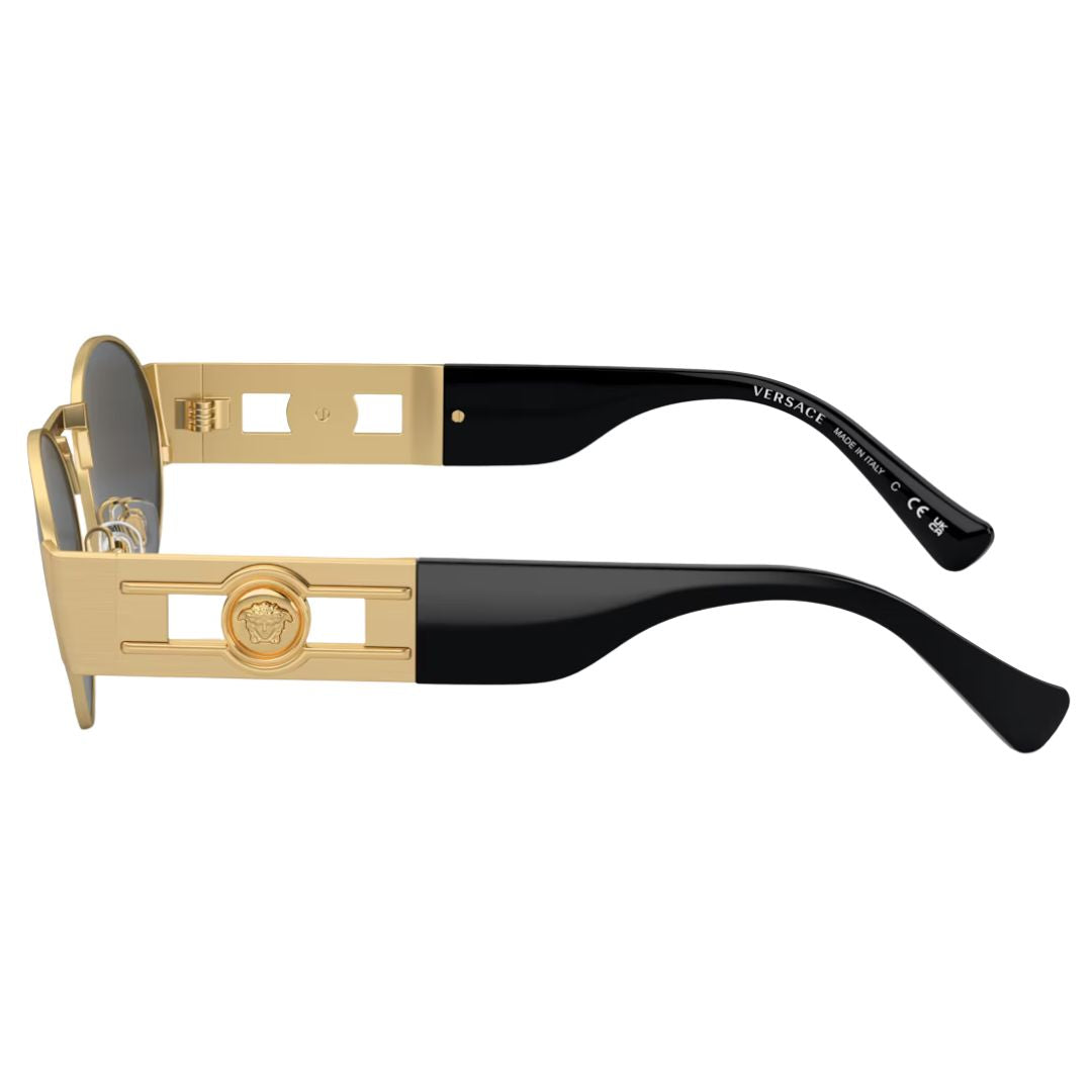 Side view of Versace VE2264 gold sunglasses showing wide temples with signature Medusa head hardware - Gadgets Online NZ