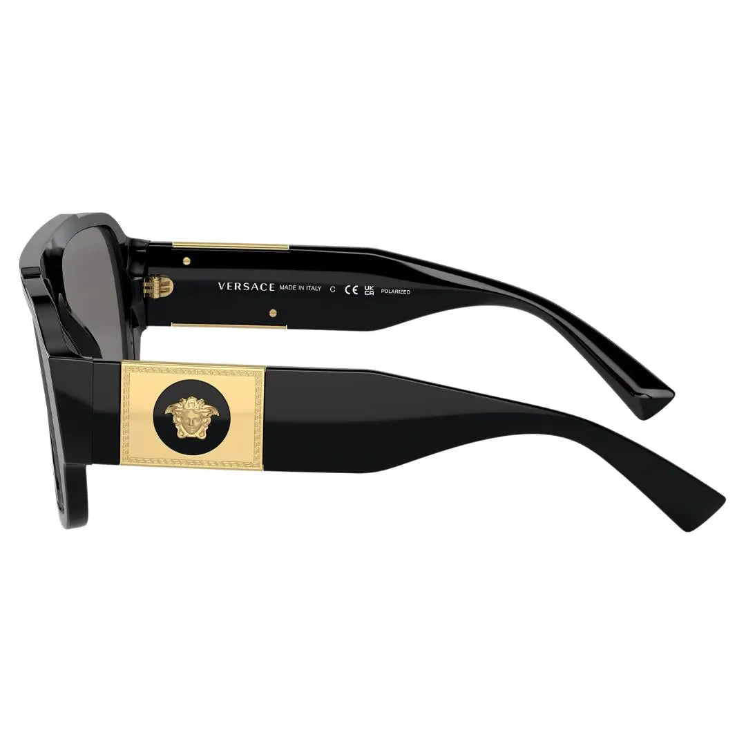 Side view of Versace VE4436U black sunglasses showing wide temples with gold Medusa head hardware - Gadgets Online NZ