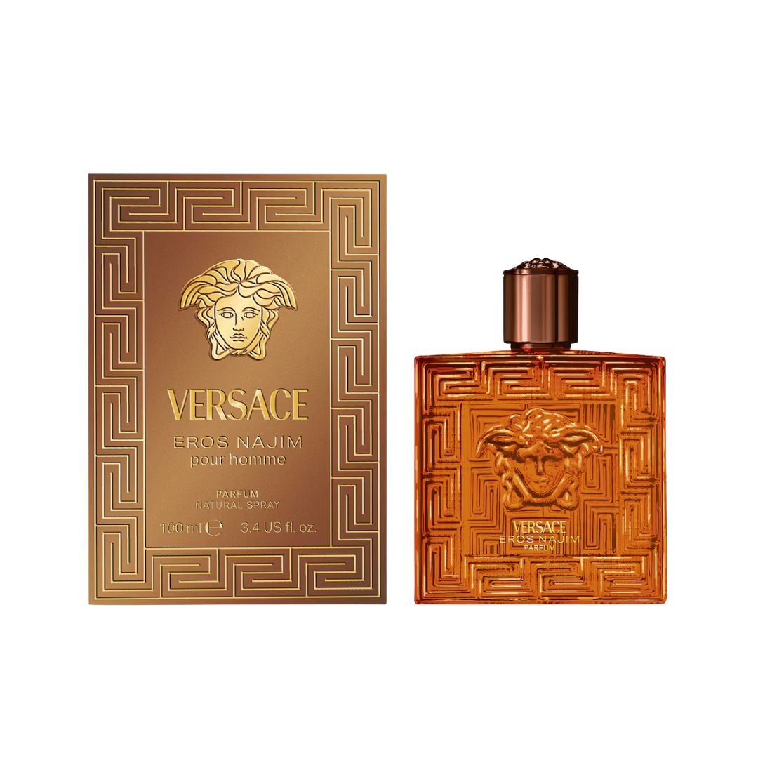 Versace Eros Najim Parfum 100ml, a striking blue and gold bottle featuring the Medusa head, suggesting an intense, warm, spicy oriental scent with oud, caramel, and incense notes.