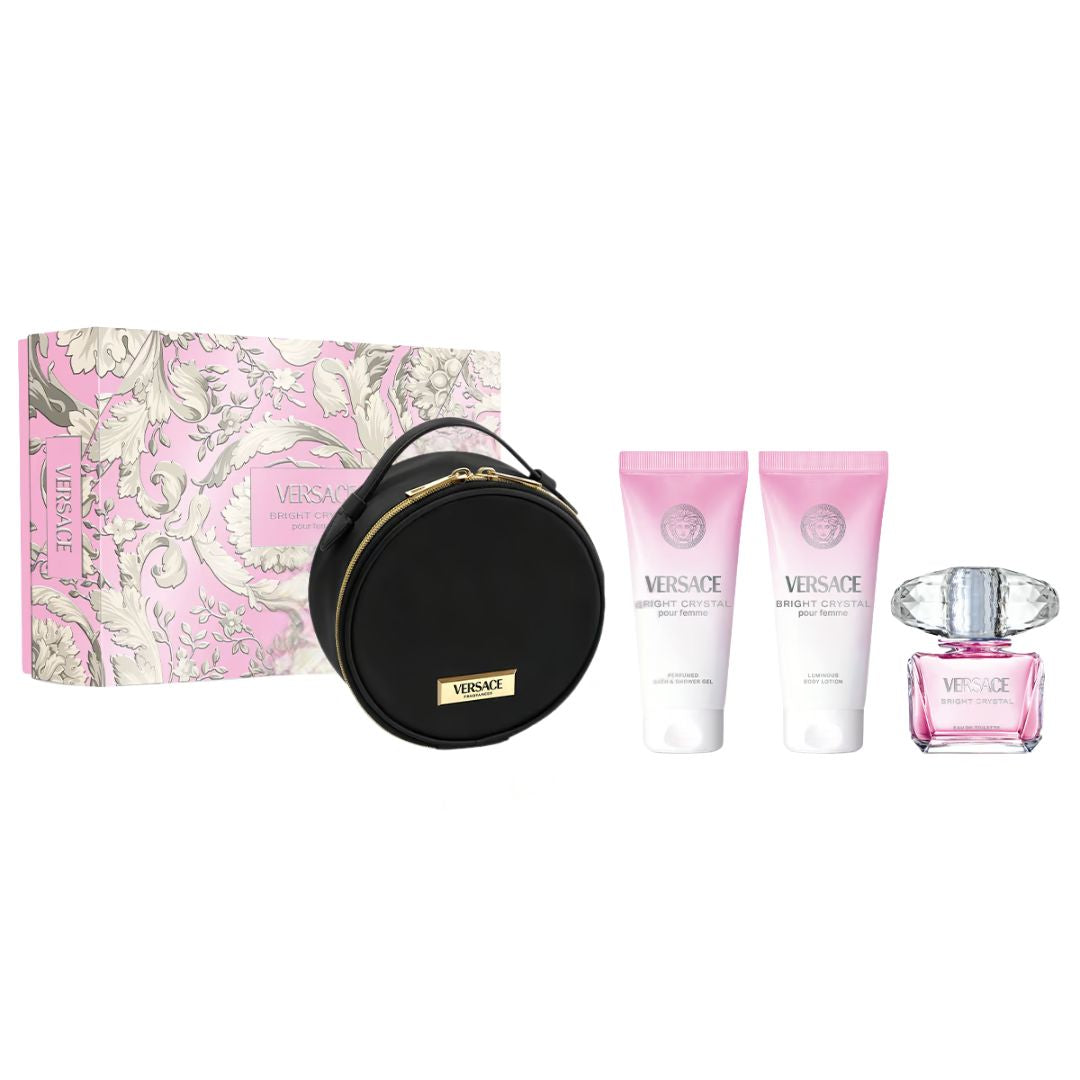 Versace Bright Crystal 4-piece gift set featuring a 90ml EDT bottle, body lotion, shower gel, and a pink round makeup case.