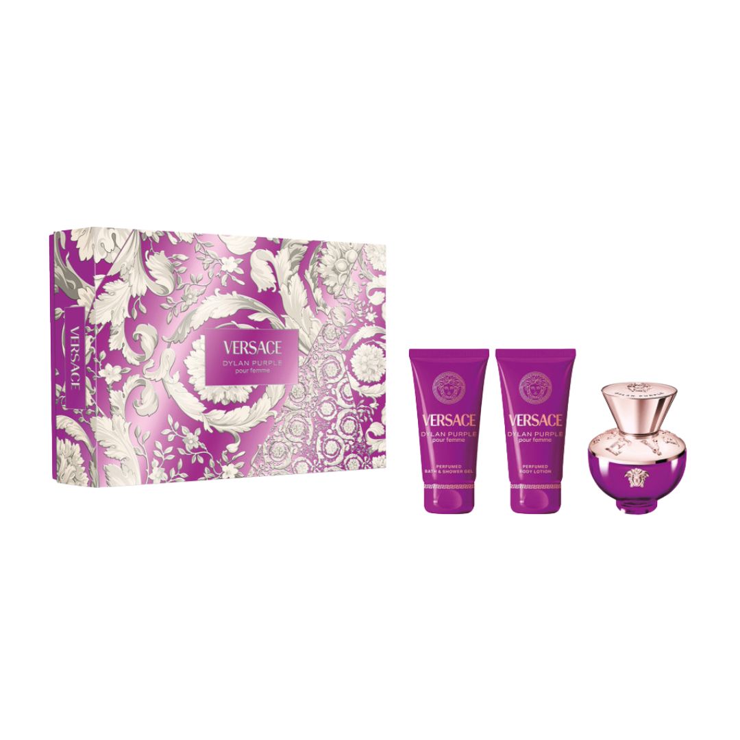 Versace Dylan Purple 50ml gift set featuring the purple amphora perfume bottle, matching body lotion, and shower gel in a luxury Versace box.