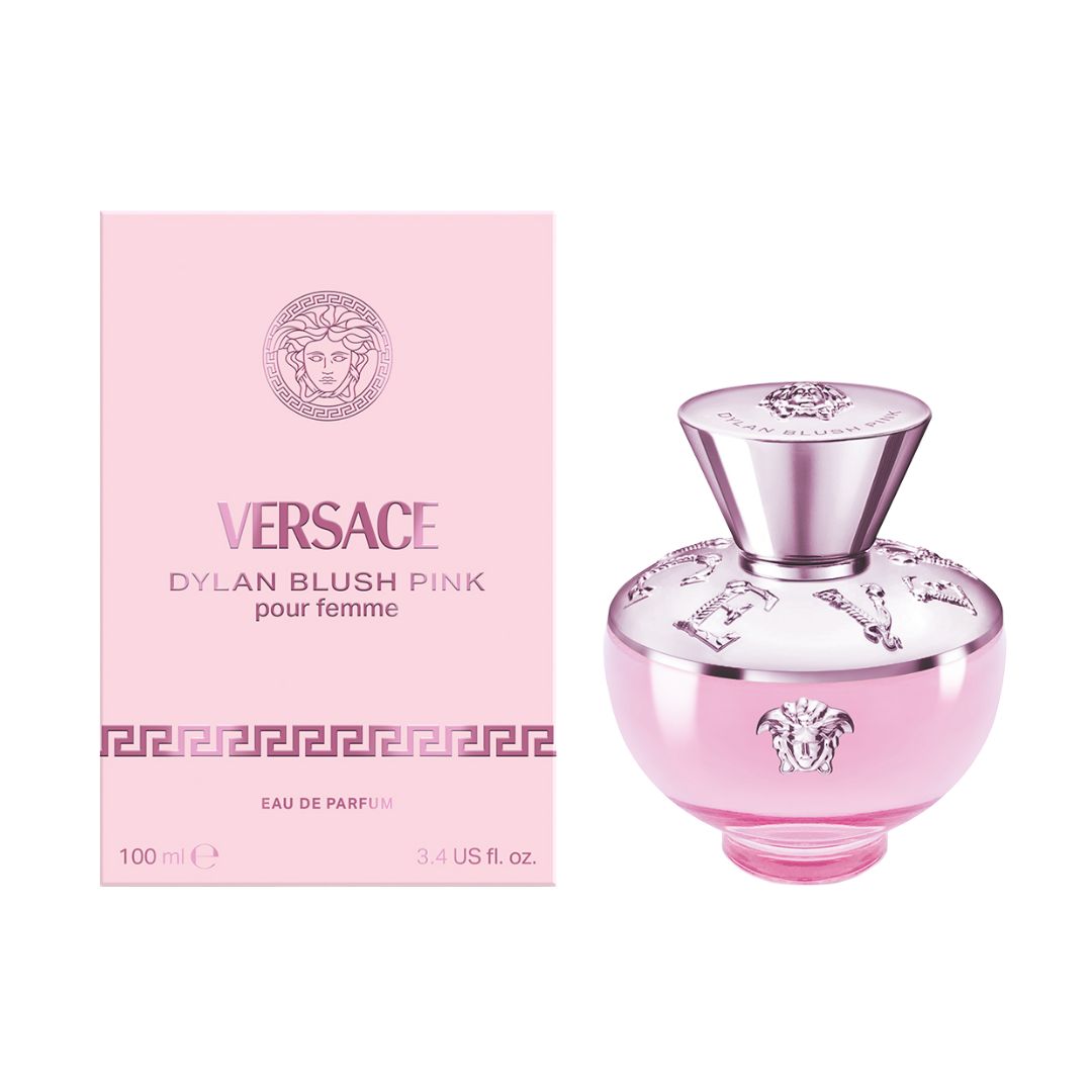Versace Pour Femme Dylan Blush Pink EDP 100ml bottle, the large flagship frosted pink amphora with signature gold Versace hardware.