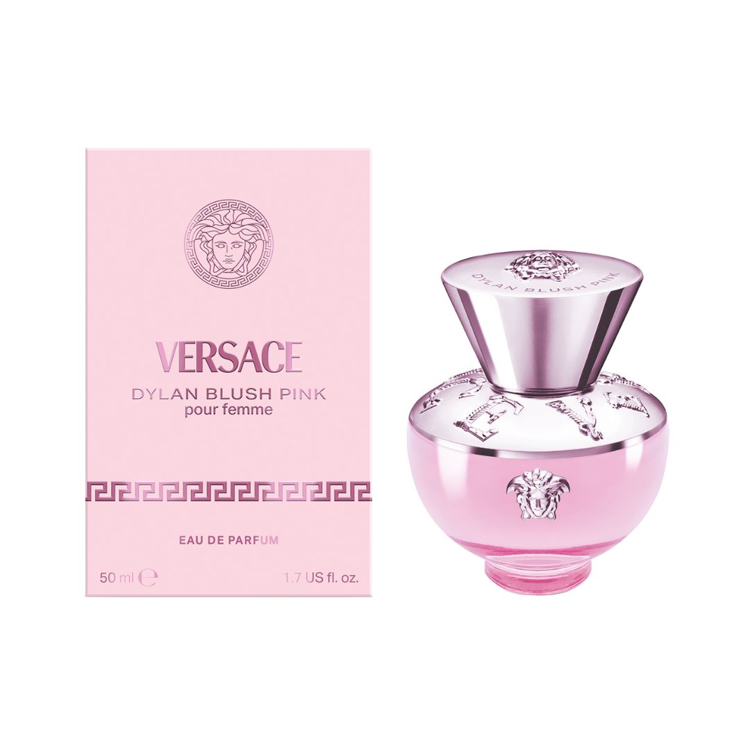 Versace Pour Femme Dylan Blush Pink EDP 50ml bottle, a frosted blush-pink amphora design with gold Medusa hardware.