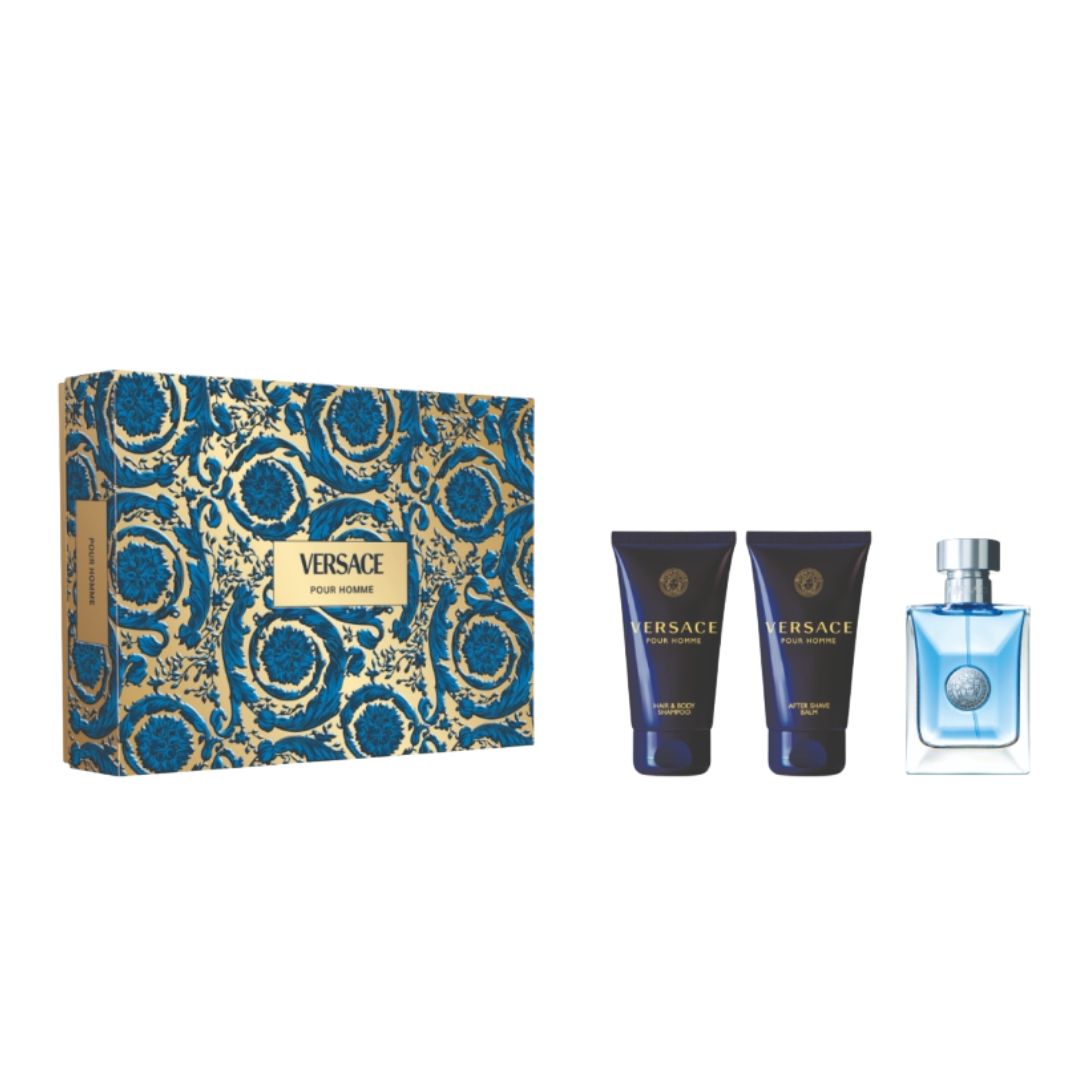 Versace Pour Homme fragrance gift set featuring a blue and gold patterned box, two dark blue body care tubes, and a light blue rectangular perfume bottle on a white background.