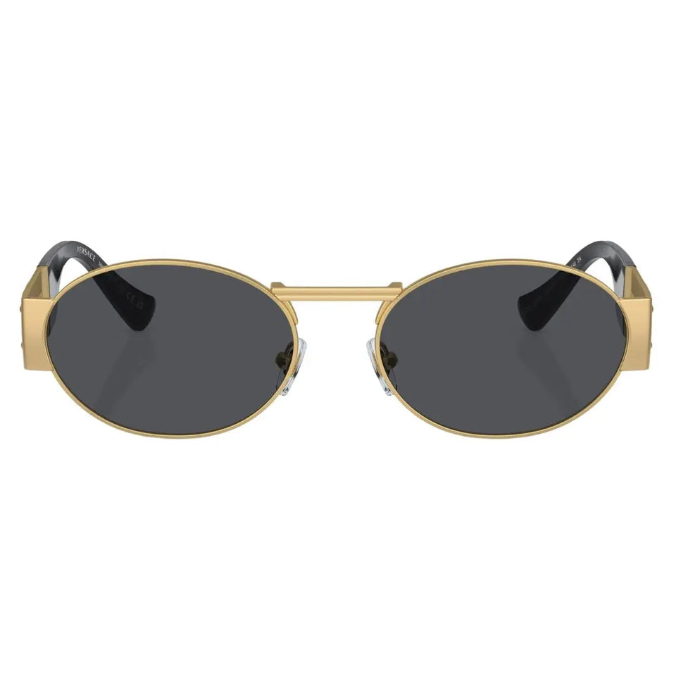 Front view of Versace VE2264 100287 featuring a narrow oval gold metal frame and solid grey lenses - Gadgets Online NZ
