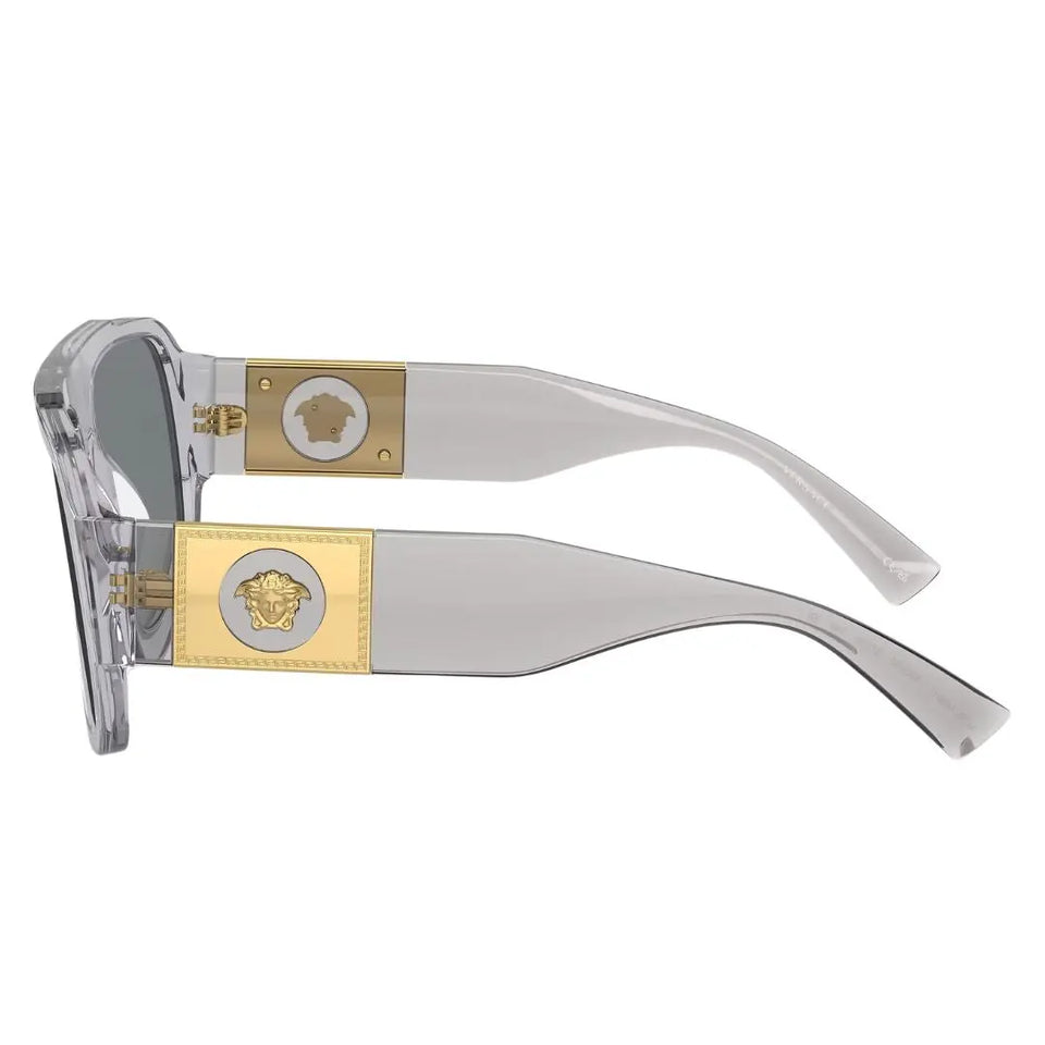Side view of Versace VE4436U grey sunglasses showing wide temples with signature gold Medusa head plaque - Gadgets Online NZ
