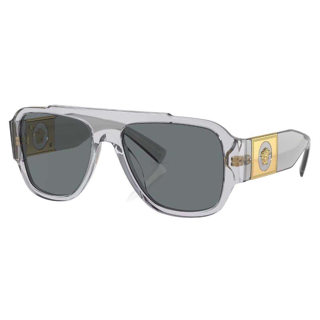 Versace VE4436U 530580 navigator sunglasses in transparent grey with dark grey lenses and gold Medusa - Gadgets Online NZ