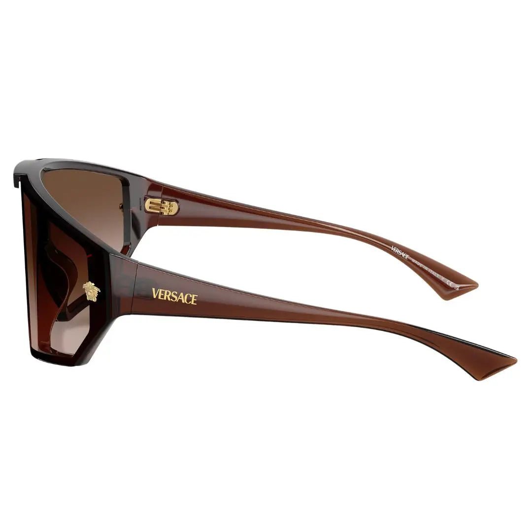 Side view of Versace VE4461 sunglasses showing transparent brown temples with gold Medusa head and Versace logo - Gadgets Online NZ