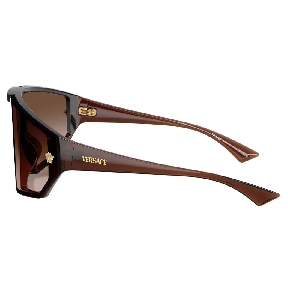 Side view of Versace VE4461 sunglasses showing transparent brown temples with gold Medusa head and Versace logo - Gadgets Online NZ