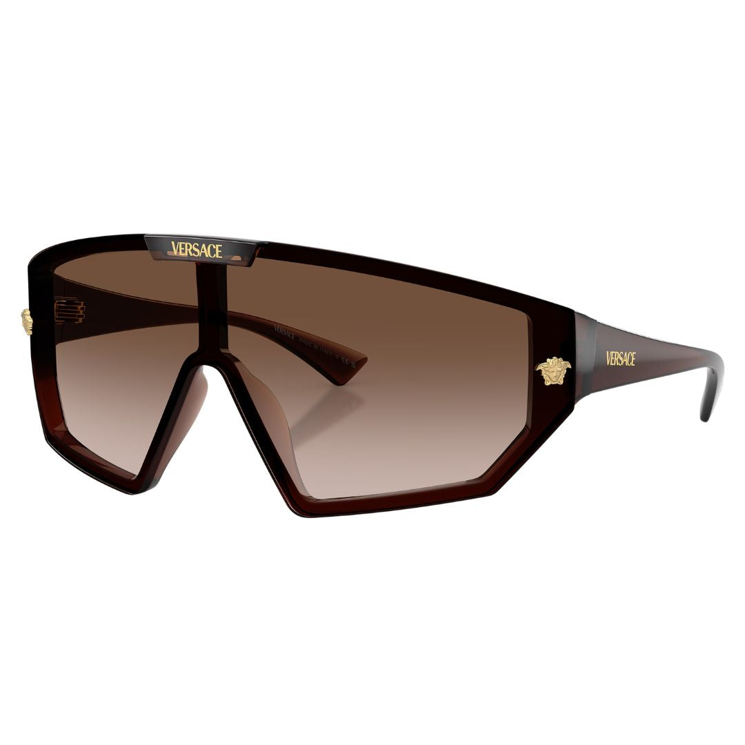 Versace VE4461 533213 shield sunglasses in transparent brown with brown gradient lenses and gold Medusa - Gadgets Online NZ