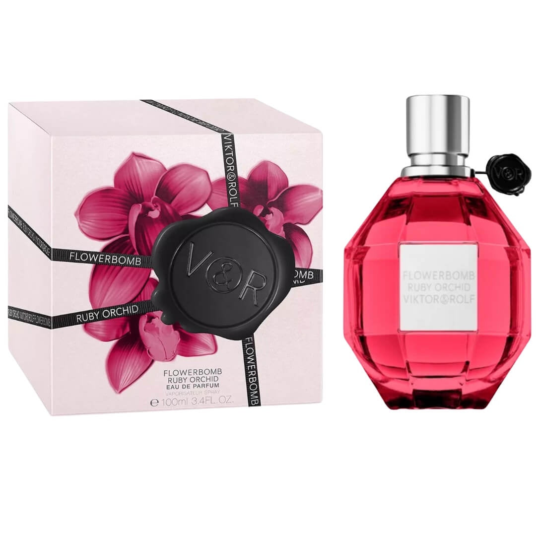Viktor & Rolf FlowerBomb Ruby Orchid EDP 100ml for Women at Gadgets Online NZ - A ruby orchid-colored perfume bottle, embodying the essence of peach, orchid, and vanilla bean.