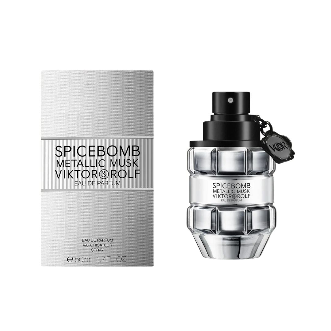 Viktor & Rolf Spicebomb Metallic Musk 50ml EDP, a hand grenade-shaped bottle in a metallic finish, suggesting an intense, spicy, and woody masculine fragrance.