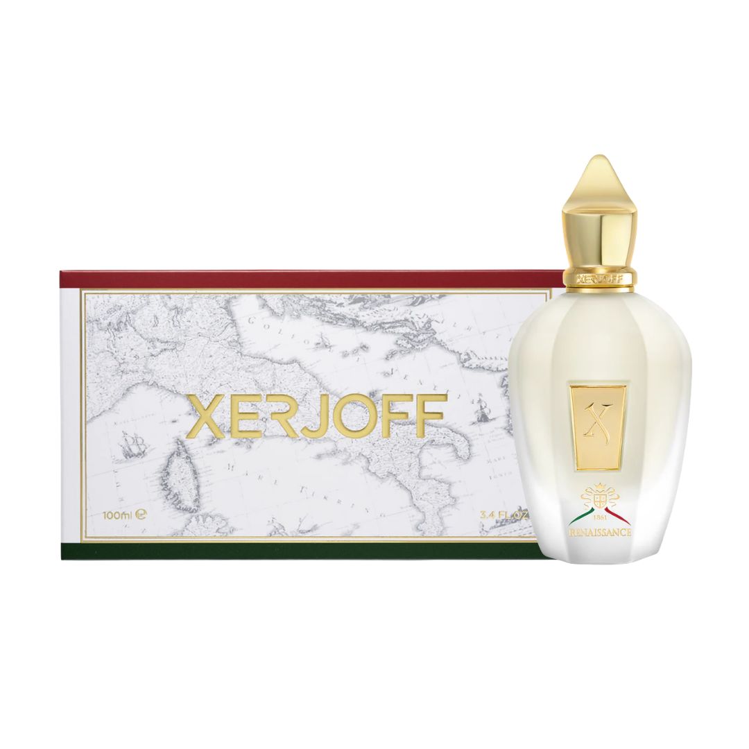 Xerjoff 1861 Renaissance 100ml EDP, a luxurious bottle with a gold plaque, suggesting a vibrant, citrus, and intensely fresh unisex fragrance.