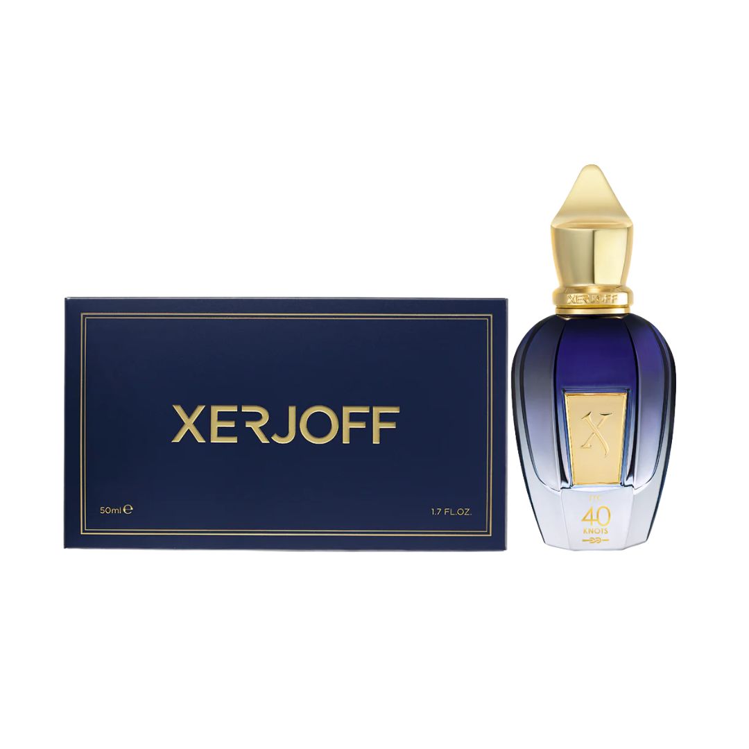 Xerjoff 40 Knots 50ml EDP, a luxurious blue bottle with a gold cap, suggesting a rich, salty, marine, and woody unisex fragrance.