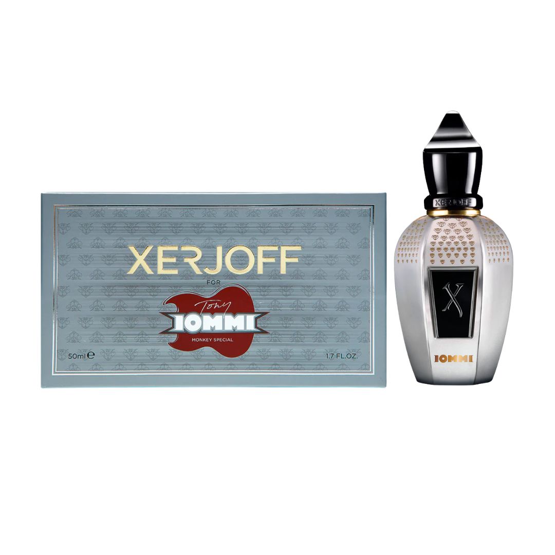 Xerjoff Blends Tony Iommi Monkey Special 50ml EDP, a luxurious black bottle with a gold emblem, suggesting a dark, intense, rum-laced oriental fragrance.