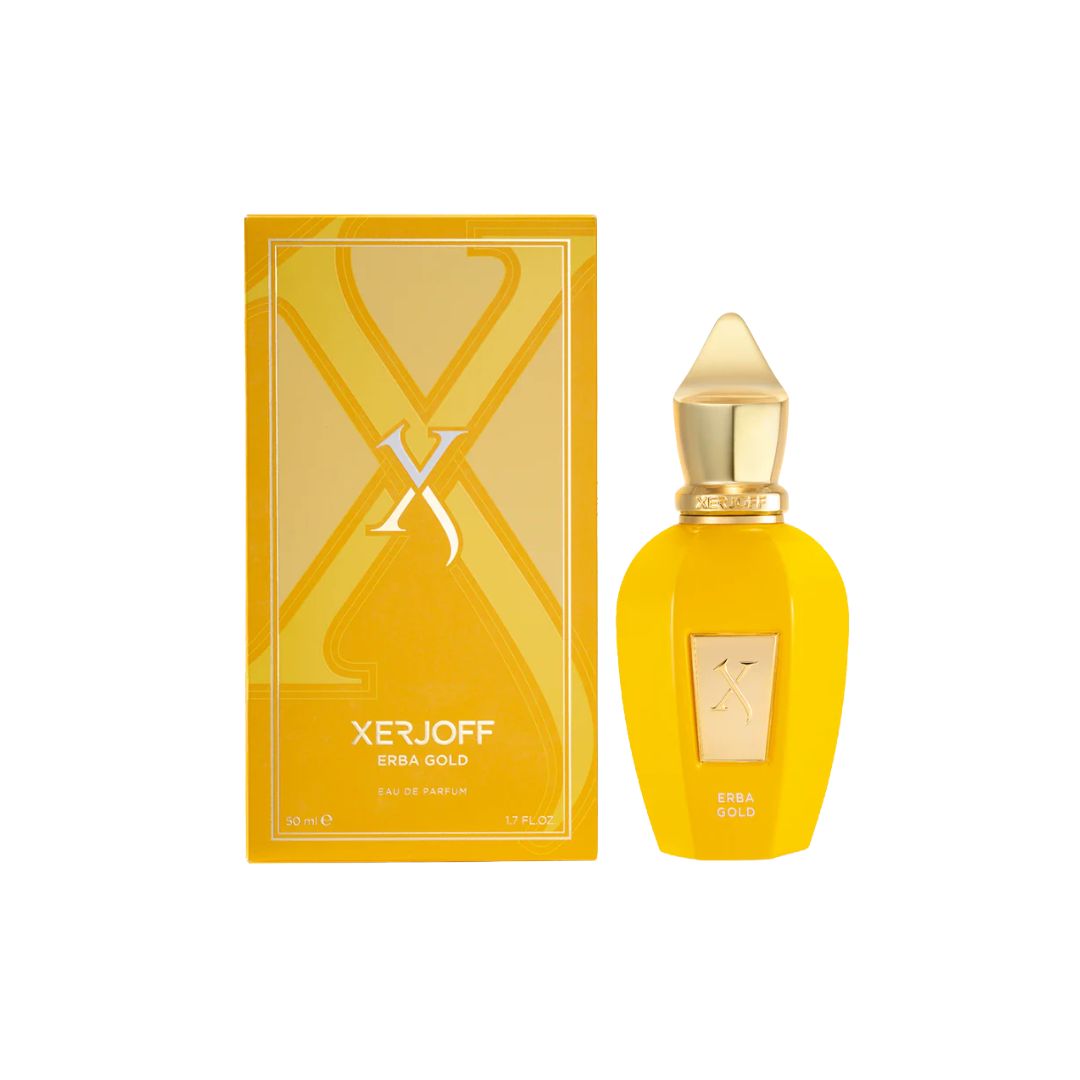 Xerjoff Erba Gold 50ml EDP, a luxurious gold velvet bottle, suggesting a rich, fruity, spicy, and long-lasting unisex fragrance.