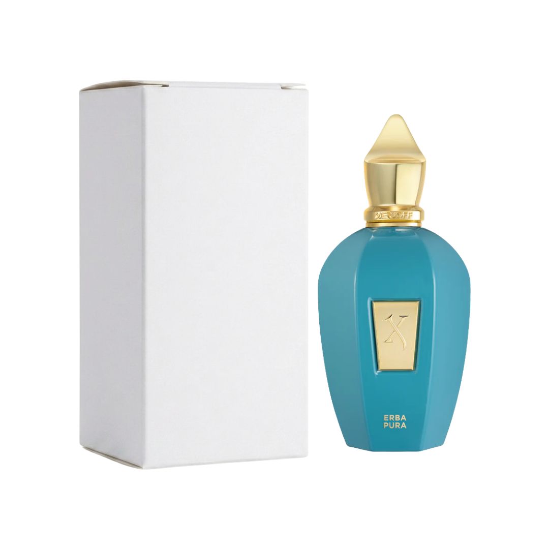 A turquoise blue perfume 100ml tester bottle with a gold cap next to its plain white box, on a solid white background.