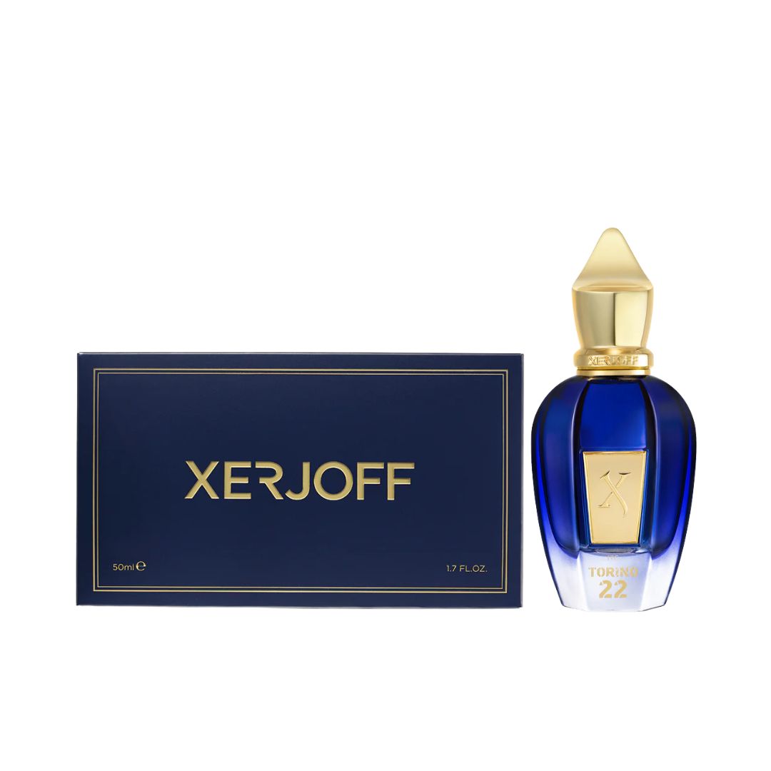 Xerjoff Join The Club Torino 22 50ml EDP, a luxurious, dark blue bottle with gold accents, suggesting a fresh, aromatic, and sophisticated unisex fragrance.
