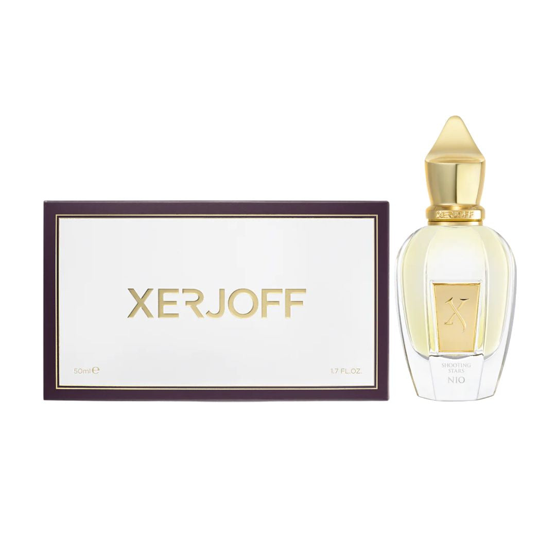 Xerjoff Shooting Stars Nio 50ml EDP, a luxurious bottle with a gold shooting star emblem, suggesting a fresh, green, and highly sophisticated unisex fragrance.