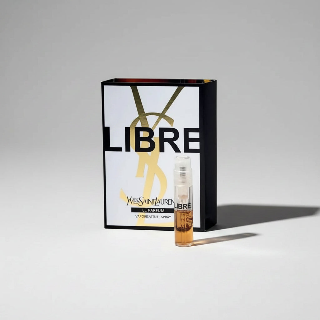 YSL Libre Le Parfum 1.2ml sample vial on carding, a warm, spicy, and floral designer fragrance for women.