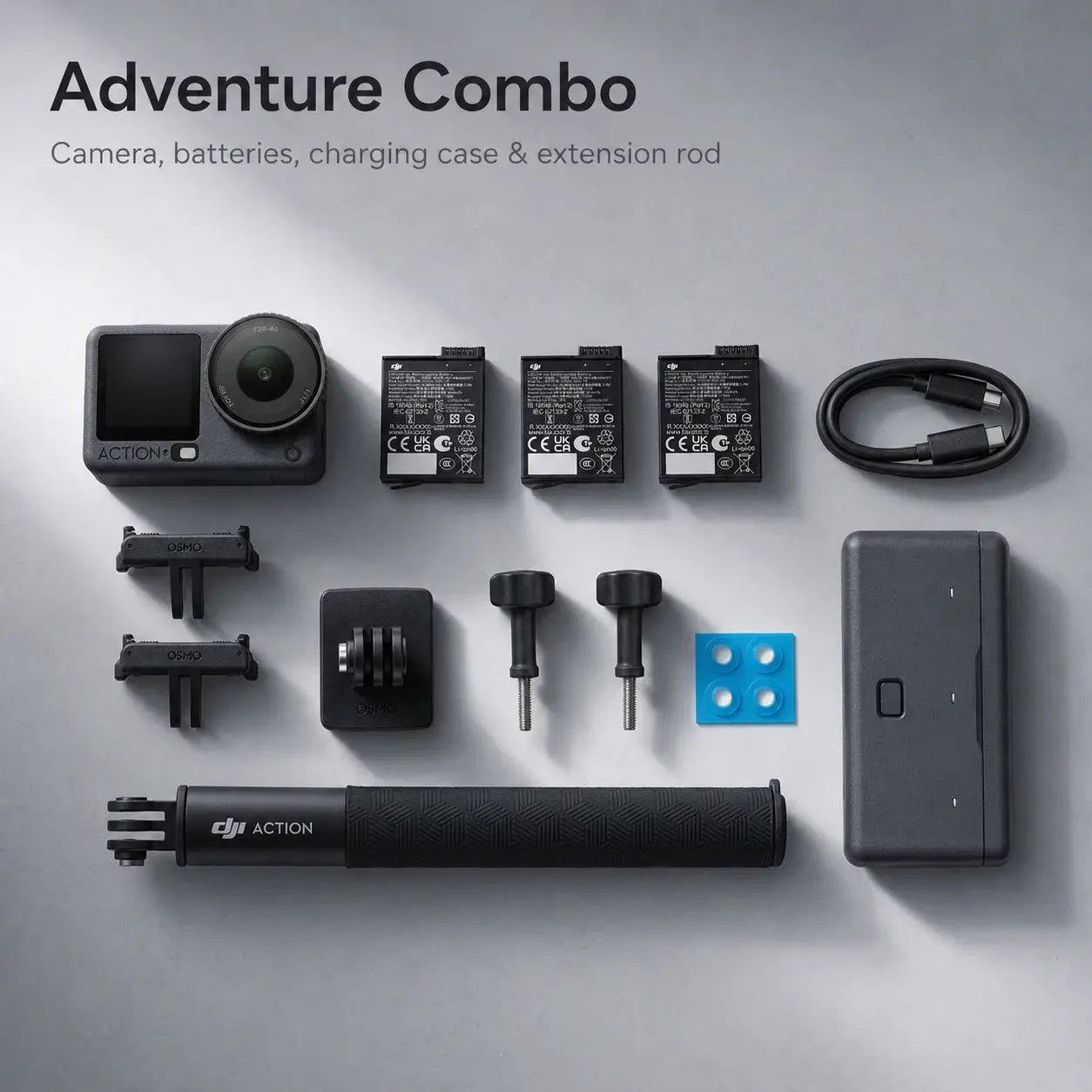 DJI Osmo Action 6 Adventure Combo with three batteries, battery case and extension rod