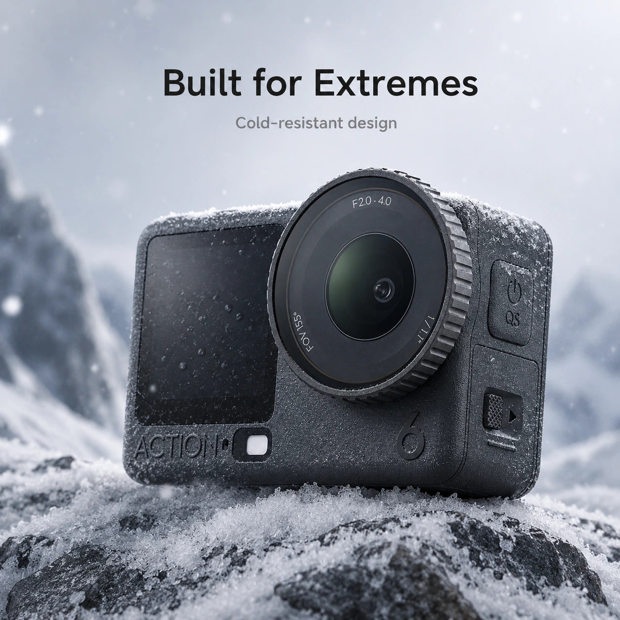 Action camera on a snowy rock with 'Built for Extremes' text at Gadgets Online NZ LTD