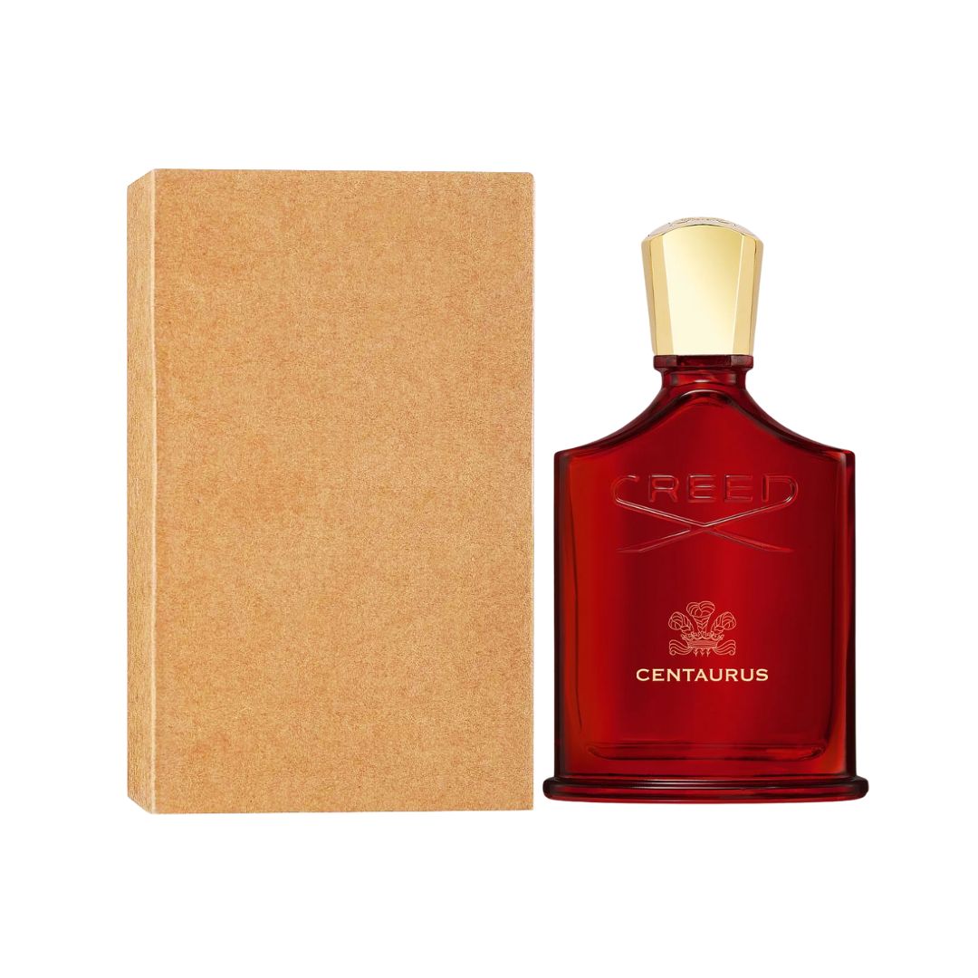 Red Creed Centaurus perfume 100ml Tester bottle with gold cap next to a brown box on a white background
